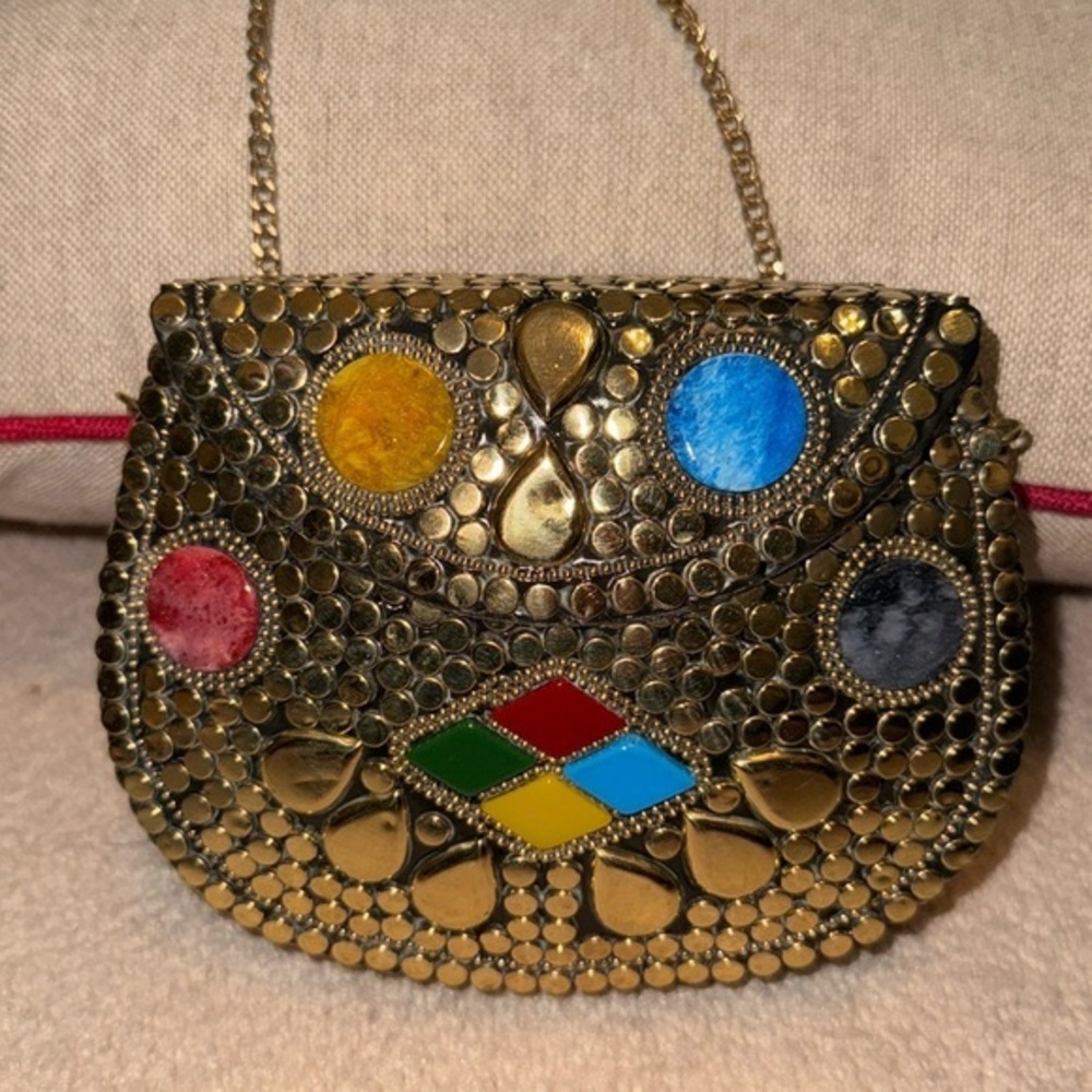 RAMLA Gold Mosaic Clutch with Textured Surface and Colorful Gemstones NEW